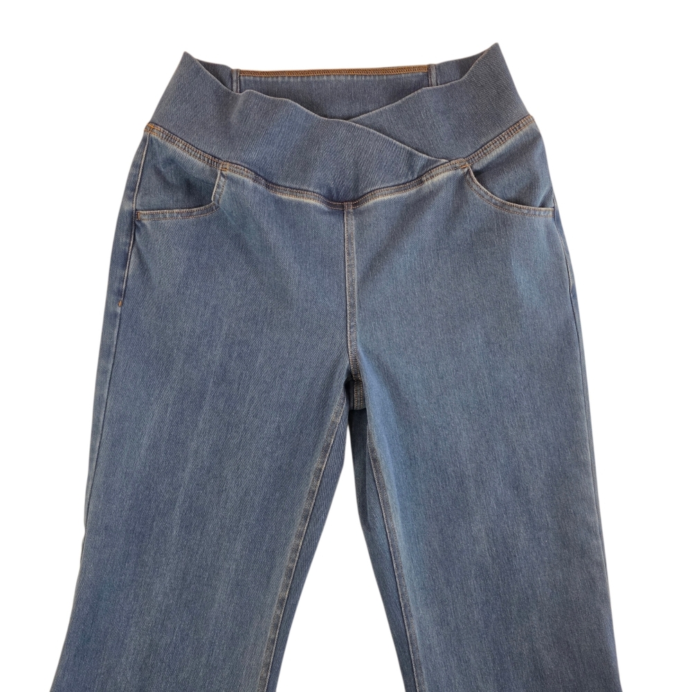 Halara Cross Over Flare Leg Pull On Denim Jeans High Waisted Stretch Women L - Picture 2 of 6